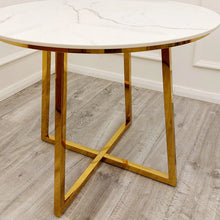 Load image into Gallery viewer, Juno Gold 90cm Round Dining Table with Polar White Sintered Stone Top