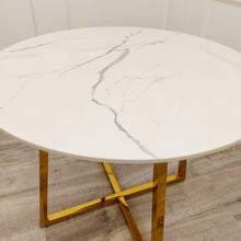 Load image into Gallery viewer, Juno Gold 90cm Round Dining Table with Polar White Sintered Stone Top