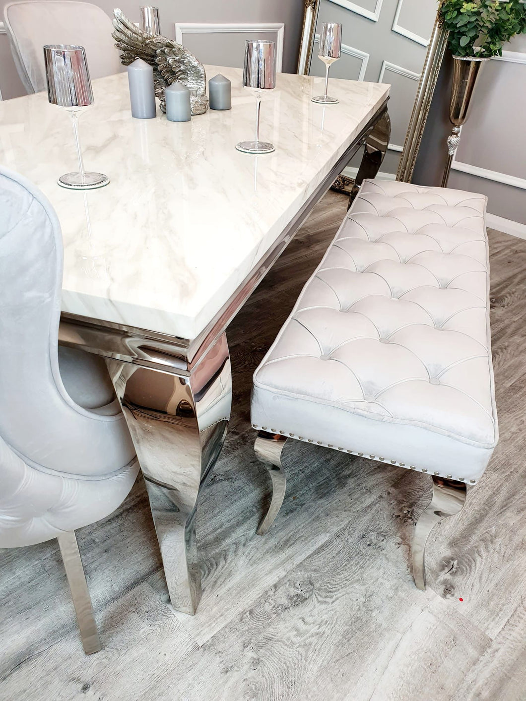 Louis Dining Bench In Light Grey Velvet